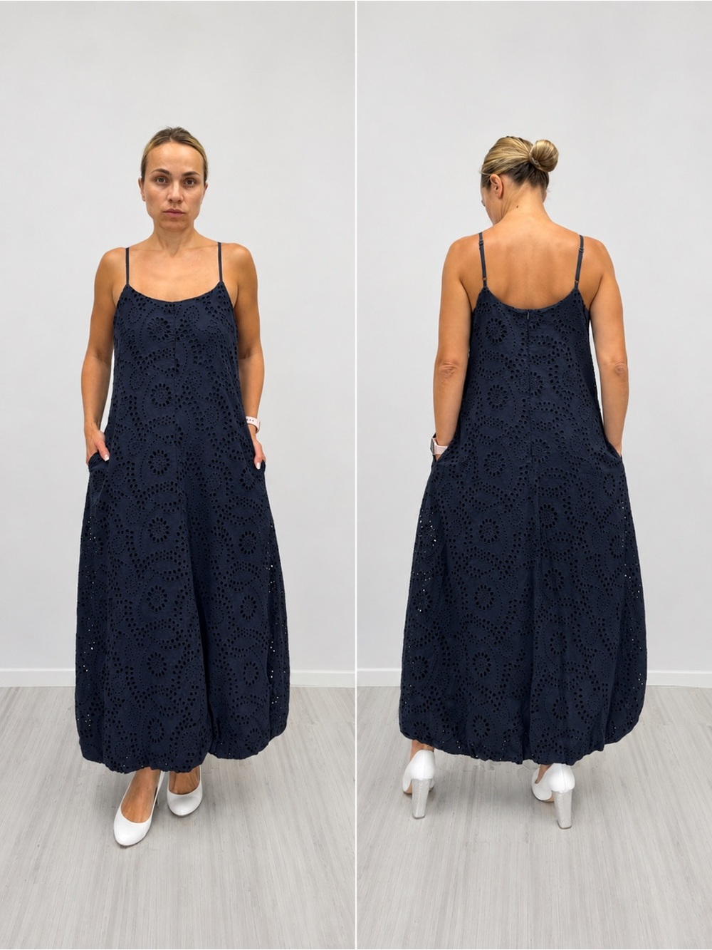 Young Fabulous & Broke Eyelet Cotton Maxi Dress Navy Bubble Hem Size L